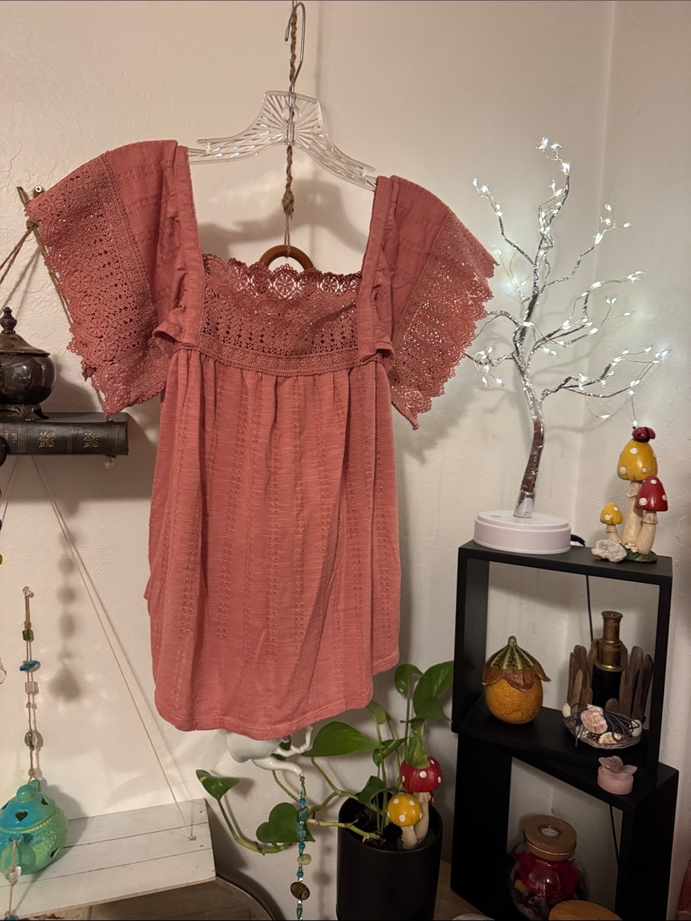 Maurices Lace-Trim Flutter Sleeve Top in Rose
